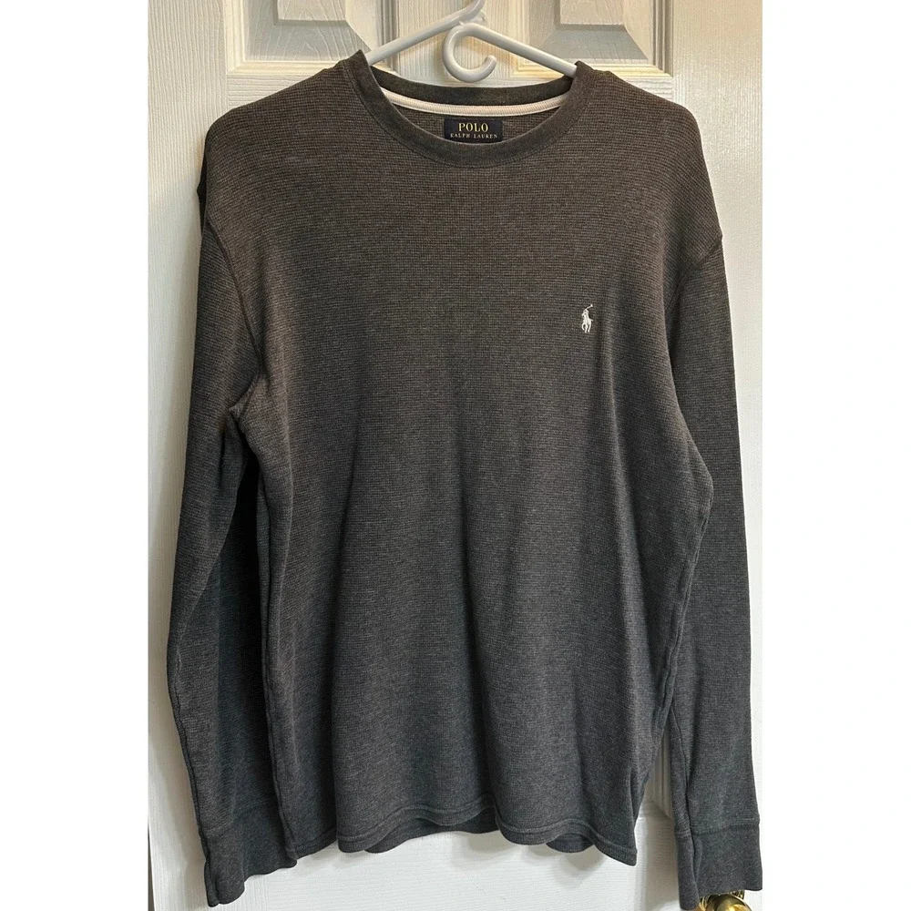 Polo Ralph Lauren Mens Charcoal Gray Waffle Knit Thermal Long Sleeve Shirt Large